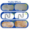 Before and after images showing the visible effects of a transparent waterproof leak sealant on a ceiling, drainage pipe, and
