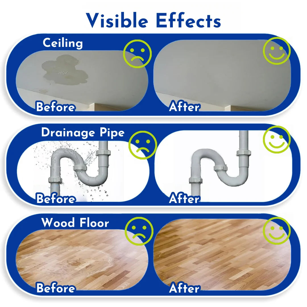 Before and after images showing the visible effects of a transparent waterproof leak sealant on a ceiling, drainage pipe, and