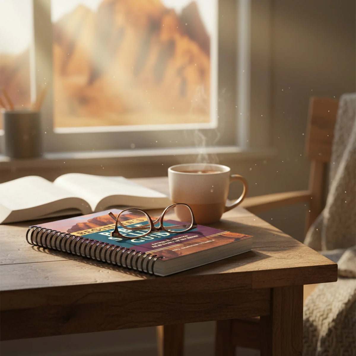 A cup of coffee sits next to an open Bible study guide book on a wooden table with a blurred window view.