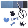 A set of dark blue and gray iron-on patches, including a die-cut shape, a heart, a bone, and a crown.