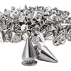 A pile of silver zinc alloy cone studs and spikes used for DIY clothing and accessories.