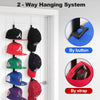 Two-way hanging system showing various colored hats displayed on a white door with button and strap attachments