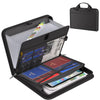 A black fireproof waterproof document organizer bag is open, showing multiple compartments for storing passports and document
