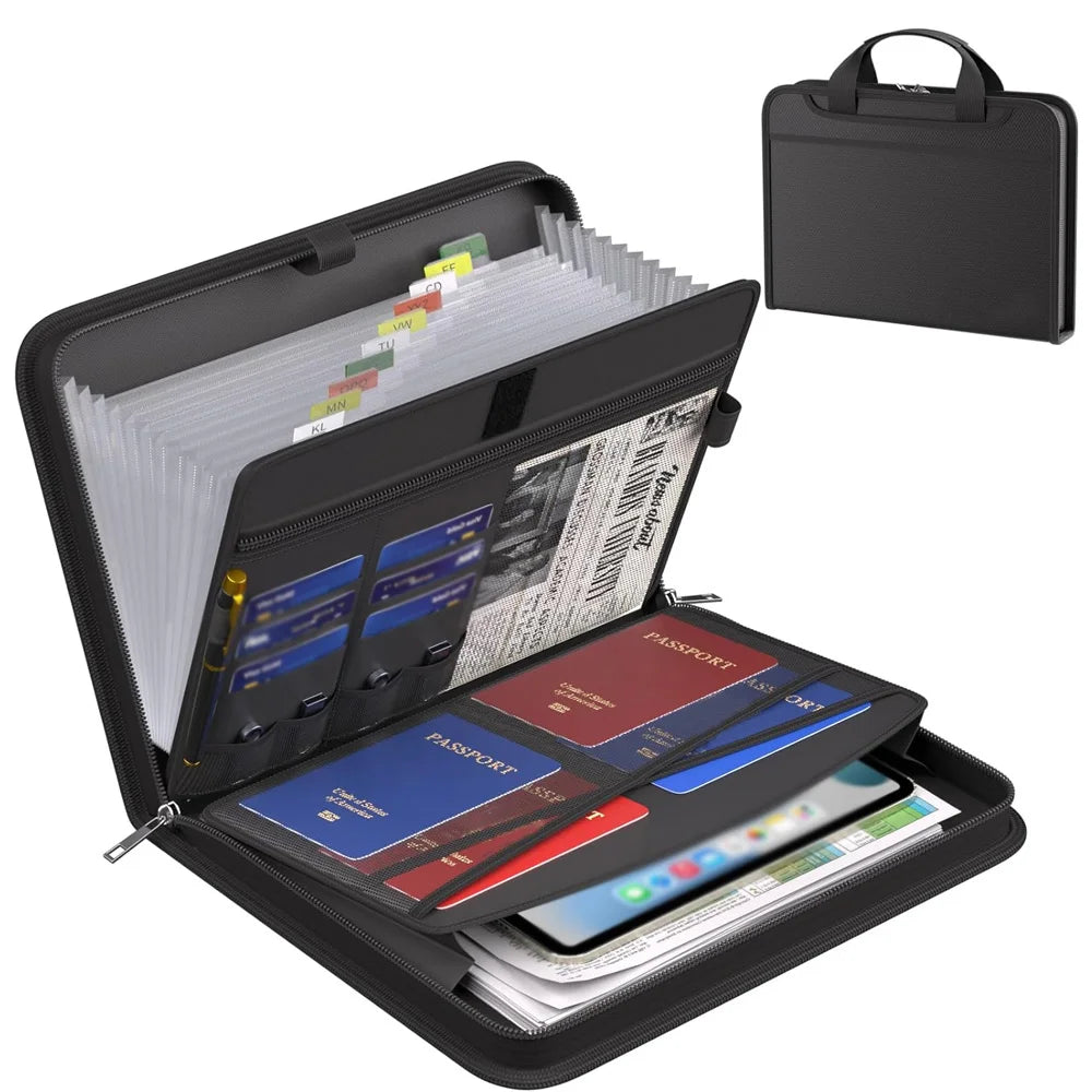 A black fireproof waterproof document organizer bag is open, showing multiple compartments for storing passports and document