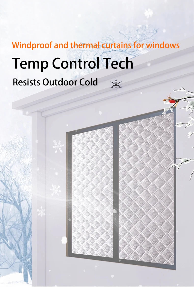 A white quilted thermal curtain installed over a window, designed for windproof and thermal control.
