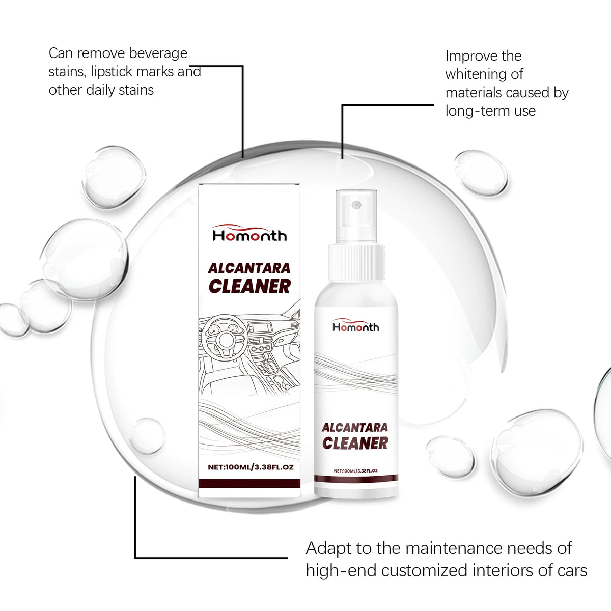 A bottle of Homonth Alcantara Cleaner is shown with text describing its ability to remove stains and improve materials.