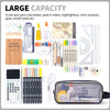 A clear mesh pencil case filled with various school and office supplies including pens, pencils, and tools.