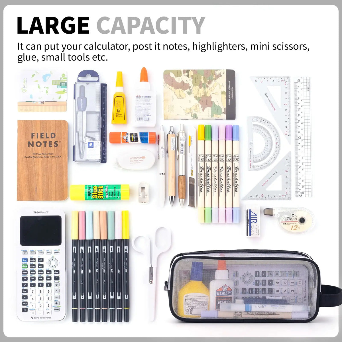 A clear mesh pencil case filled with various school and office supplies including pens, pencils, and tools.