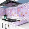 Purple and white tiled kitchen splashback wallpaper with a stainless steel hood and a roll of self-adhesive sticker