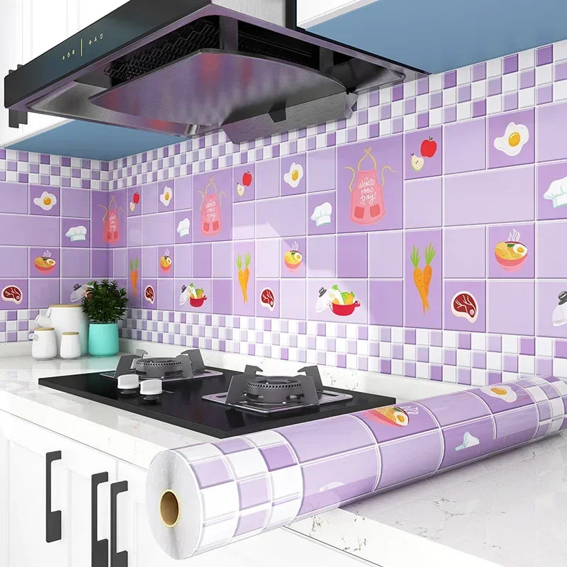 Purple and white tiled kitchen splashback wallpaper with a stainless steel hood and a roll of self-adhesive sticker