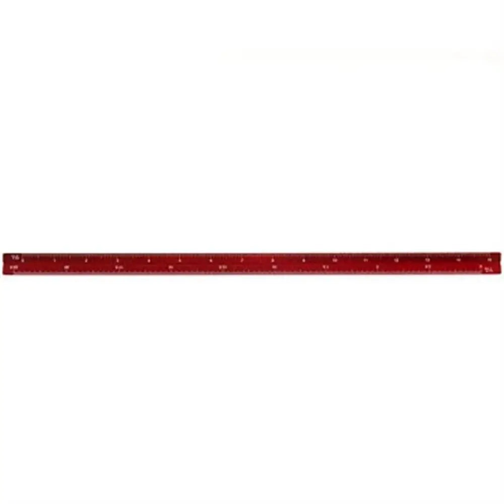 A red precision aluminum triangular scale ruler used for drafting and drawing.
