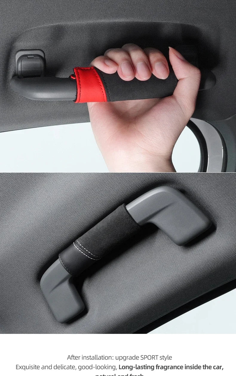 A hand is holding a black grab handle protector cover for a car, showing its installation and design.