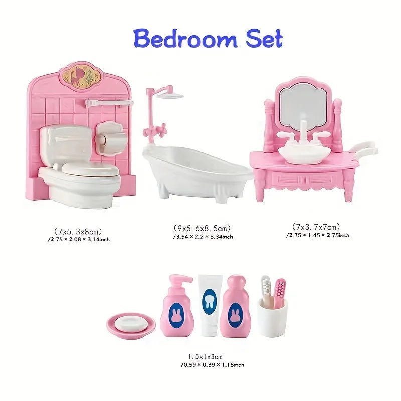 A pink bathroom set including a toilet, sink, mirror, and various grooming tools for pretend play.