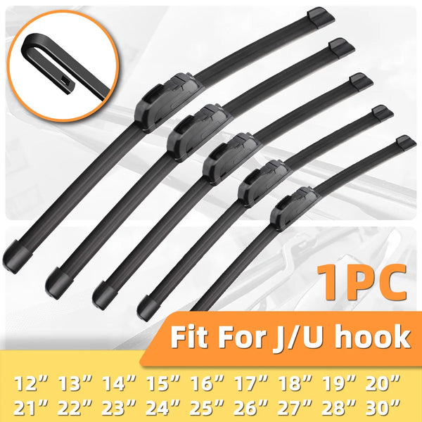A set of black beam-style windshield wiper blades with J/U hook attachment points shown for various vehicle sizes.