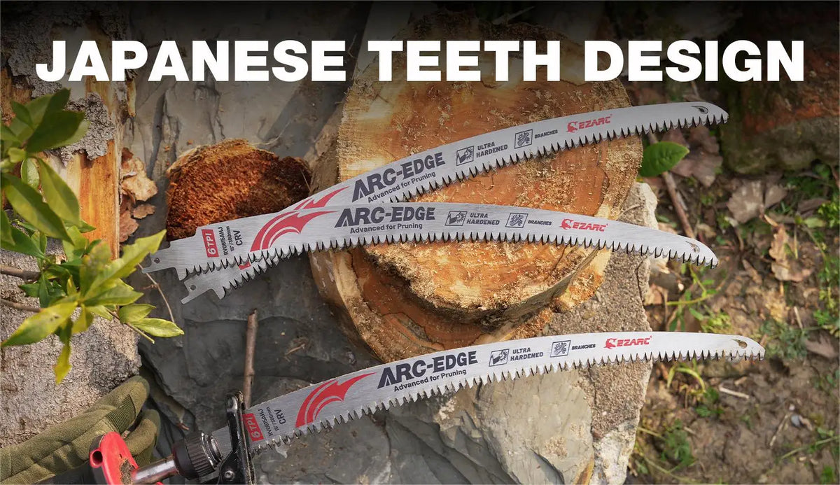 Three Japanese teeth design reciprocating saw blades are displayed resting on a rock.