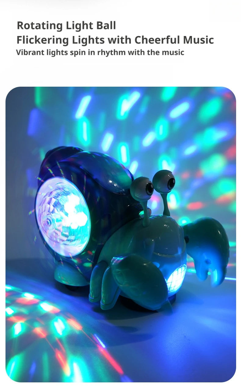 A glowing, blue-green crab toy with lights and music spinning in the air.