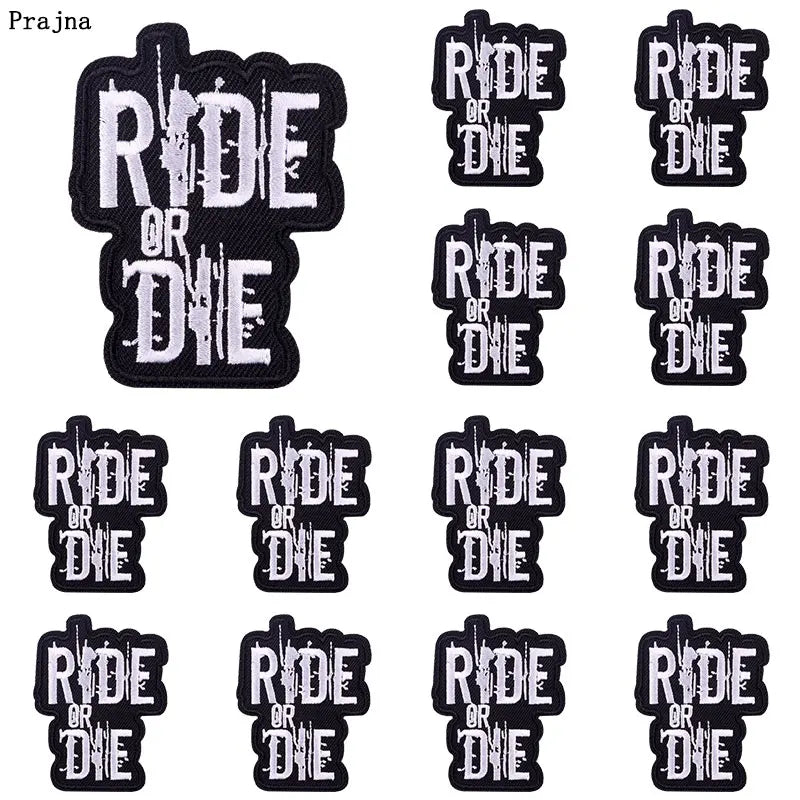 A pack of ten embroidered iron-on patches featuring the text Ride or Die on a black rock skull design.