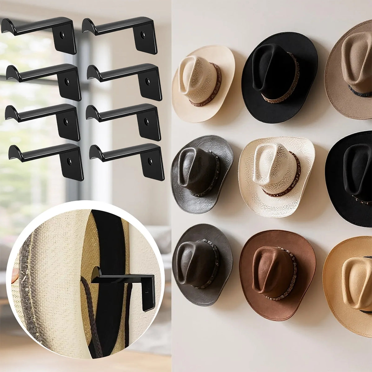 A collection of minimalist black and tan hat hooks mounted on a white wall, showing various sizes and styles.