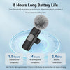 A black wireless lavalier microphone is shown on a circular diagram illustrating its 8 hours of total recording time and feat