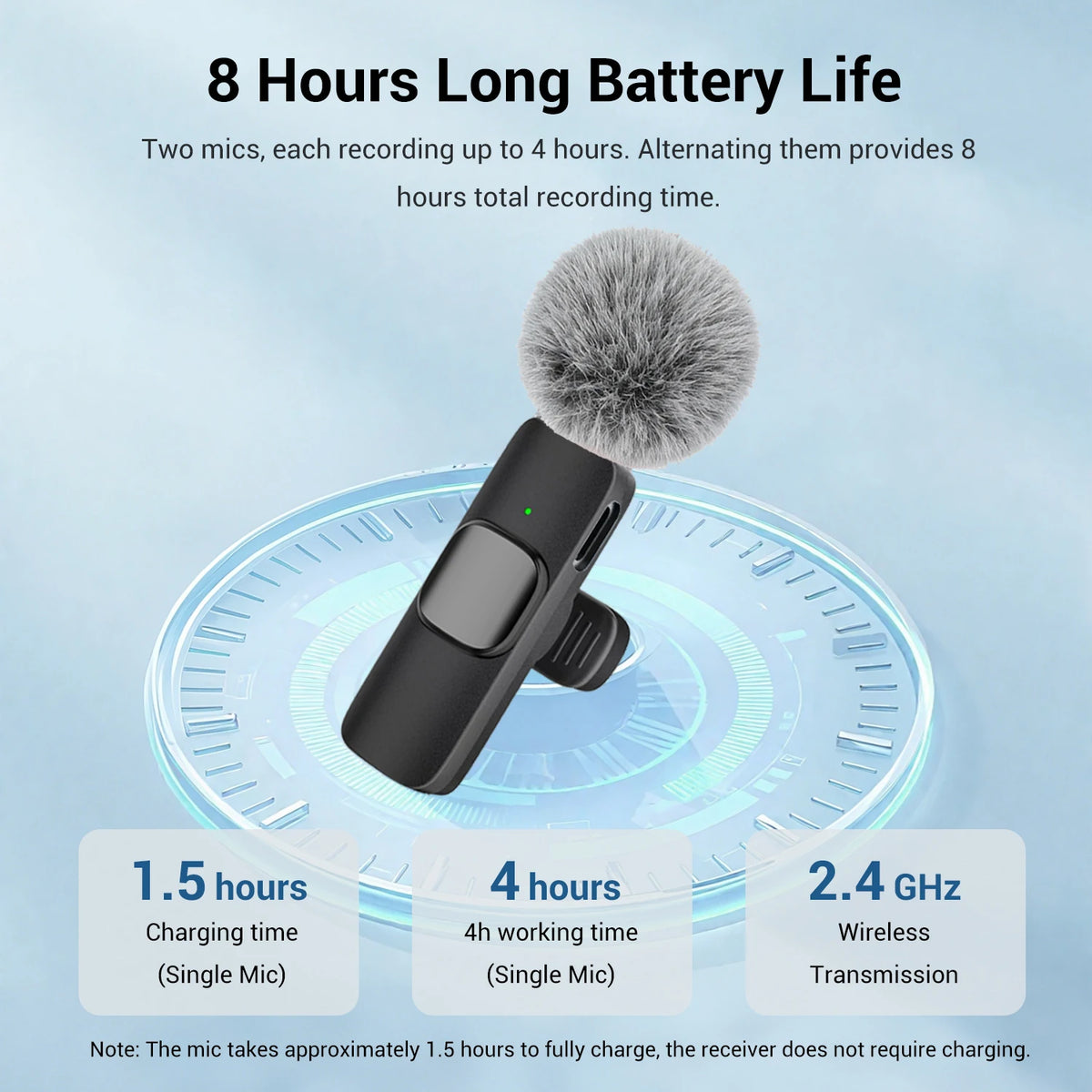 A black wireless lavalier microphone is shown on a circular diagram illustrating its 8 hours of total recording time and feat
