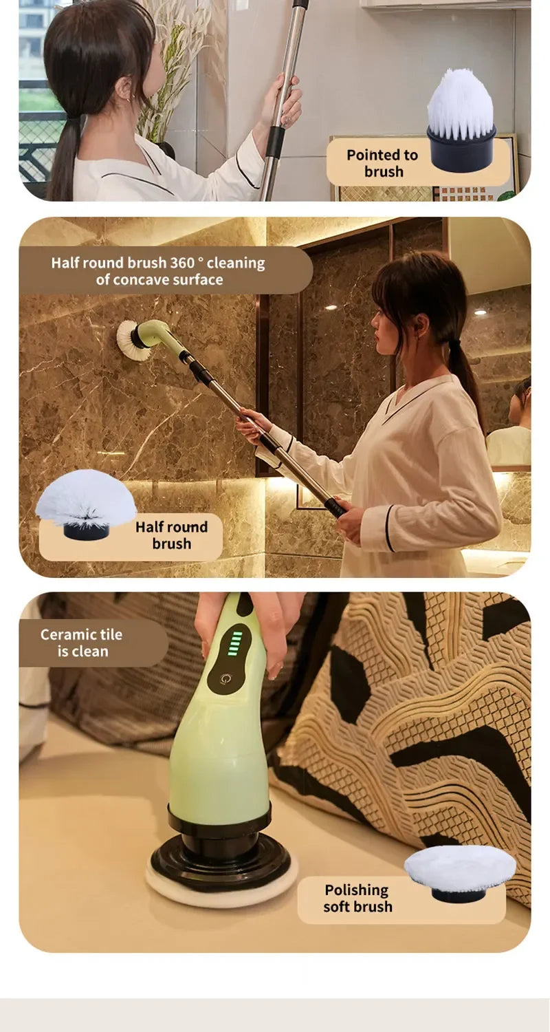 Demonstration of a cordless electric spin scrubber with various brush heads cleaning a ceramic tile surface.