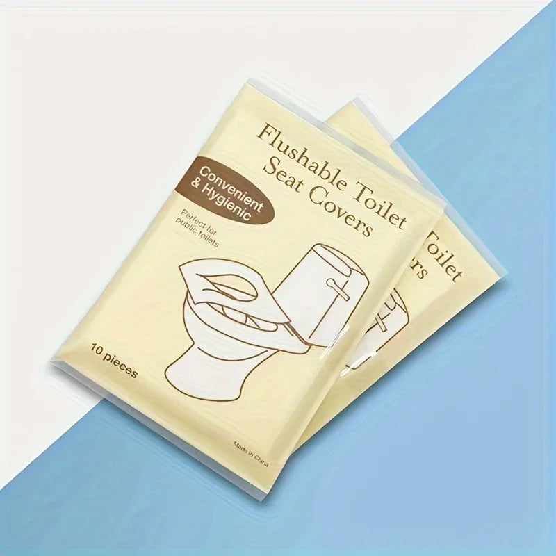 Pack of 10 fleshable seat covers for public toilets in a clear plastic package