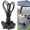 Black heavy duty bungee cords with elastic ball ends shown against a tent backdrop.