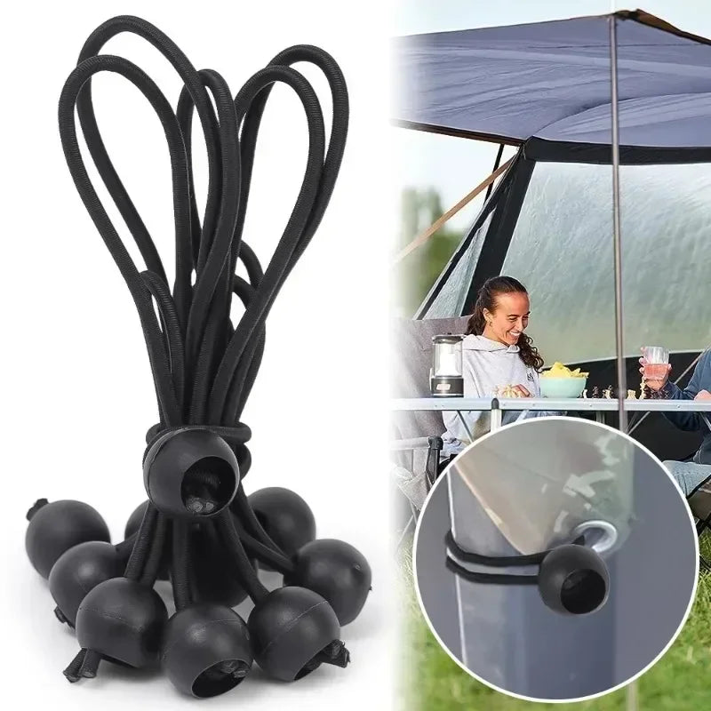 Black heavy duty bungee cords with elastic ball ends shown against a tent backdrop.