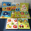 A set of wooden alphabet and number peg puzzles featuring various animals, vehicles, and fruits for toddlers.
