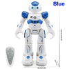 A white interactive gesture-control robot with blue accents and feet, shown from the front.