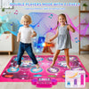 Two children playing on a pink mat featuring music notes and lights for memory and reaction training