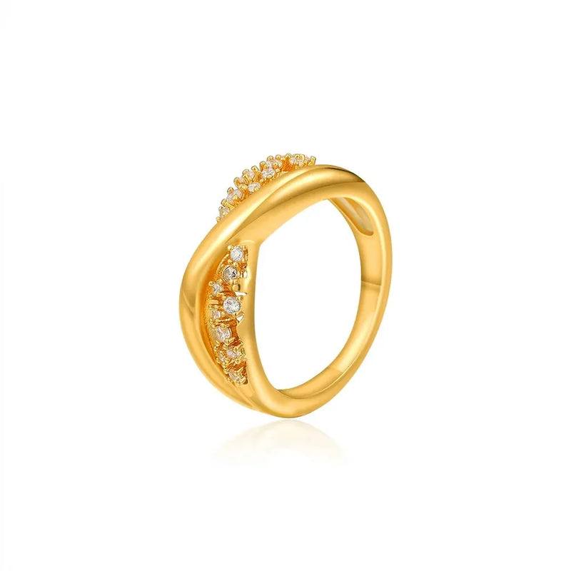 Chunky Gold-Plated Crystal Ring with Geometric Stripes