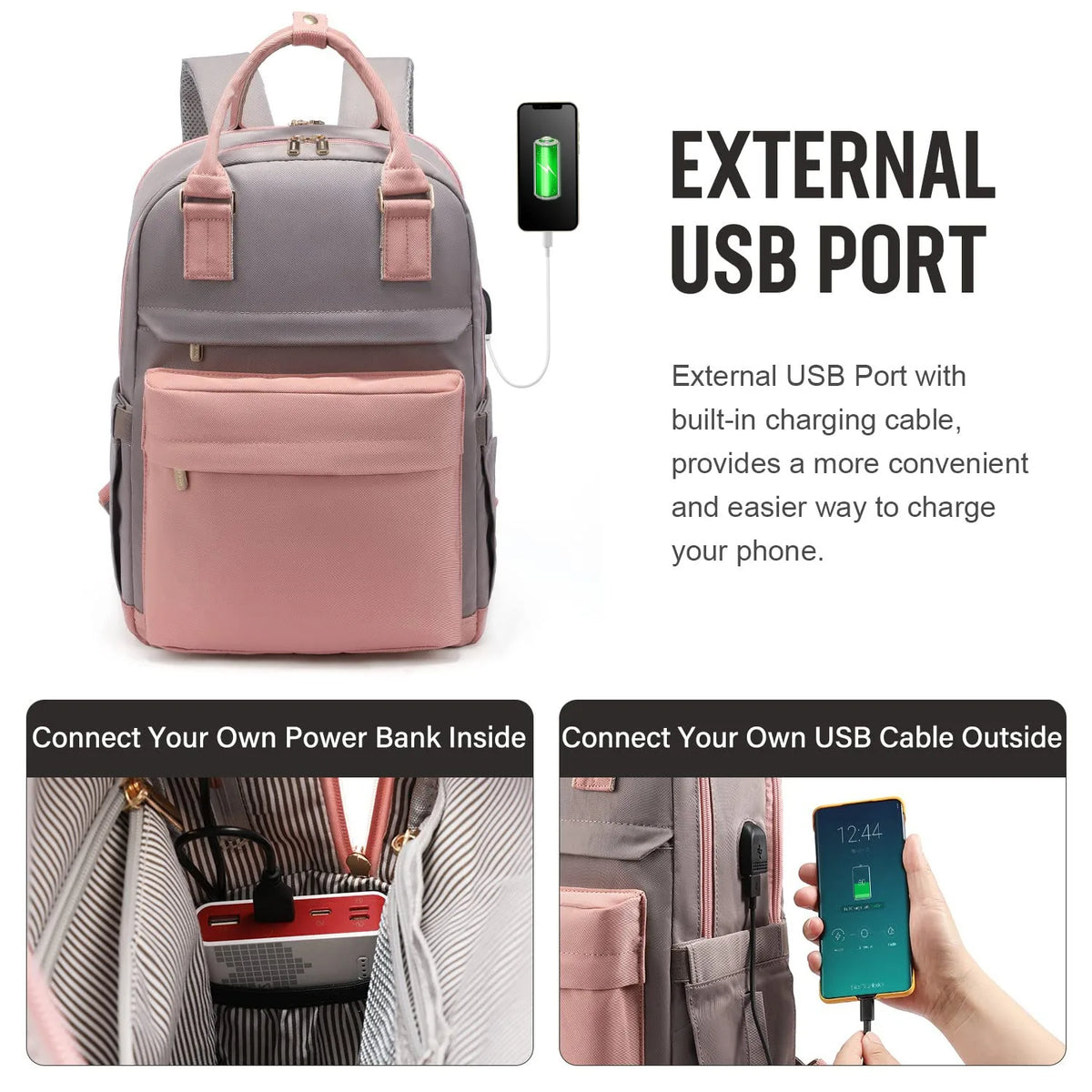 Women's Nylon Waterproof Casual Backpack with USB Port, Fits 15.6 Inch Laptop