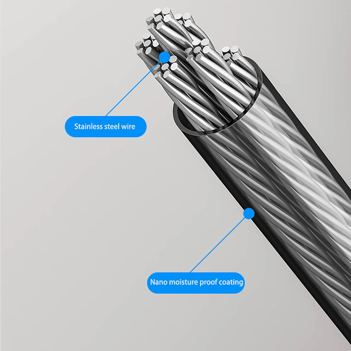 Close-up view of stainless steel wire with nano moisture proof coating inside a retractable clothesline.