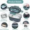 A portable electric lunch box shown with various components including a spoon and fork box, air holes, and a sealing ring.