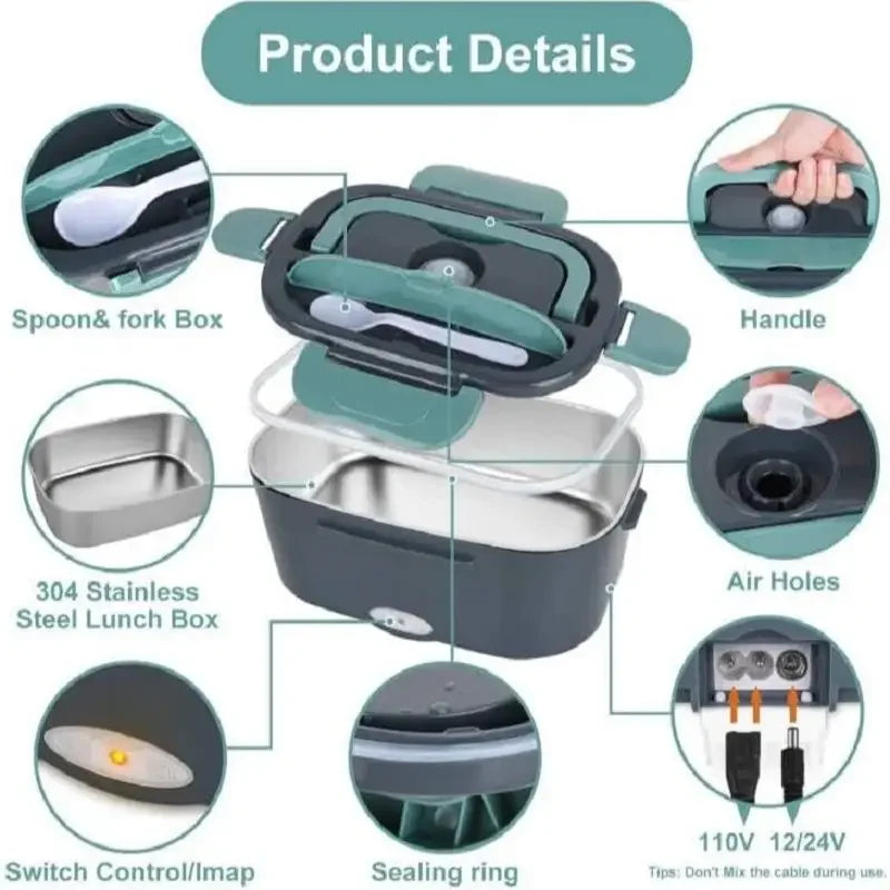 A portable electric lunch box shown with various components including a spoon and fork box, air holes, and a sealing ring.