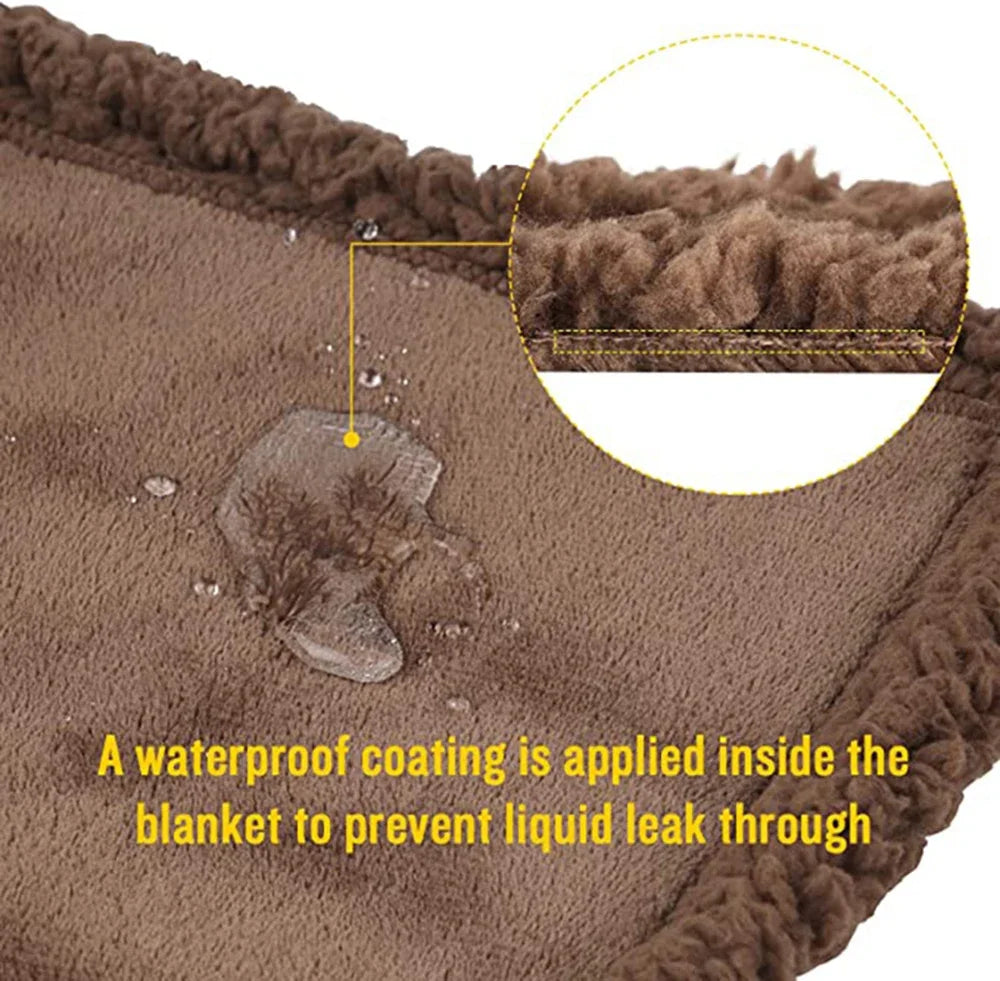 Close-up of a brown fluffy blanket showing a waterproof coating applied inside to prevent liquid leakage.