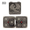 A set of five metal dice and a sixth die are shown, featuring a gyro finish for tabletop role-playing games.