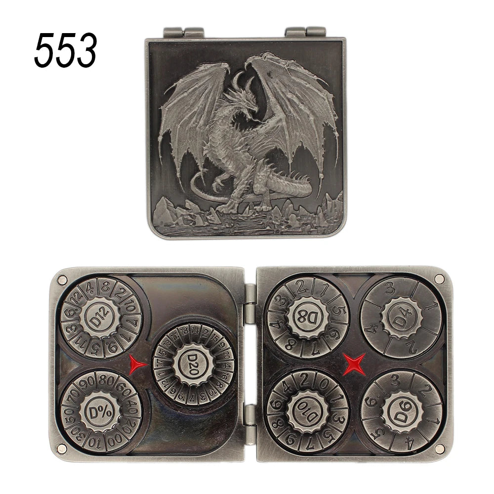 A set of five metal dice and a sixth die are shown, featuring a gyro finish for tabletop role-playing games.