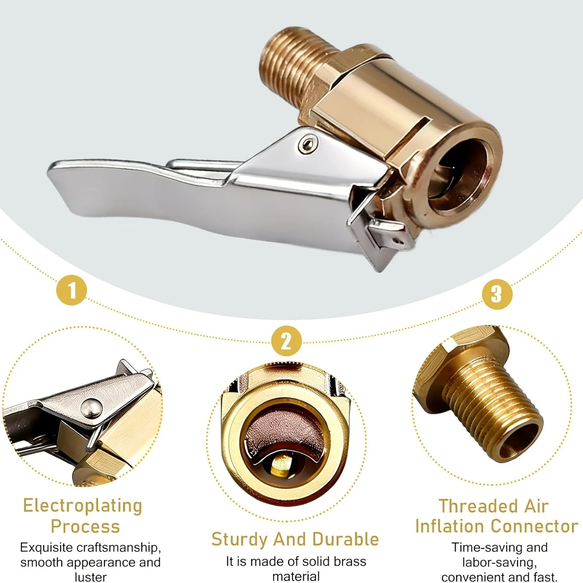 A gold-toned solid brass lock-on air chuck set for tires showing the main body and a separate connector piece.
