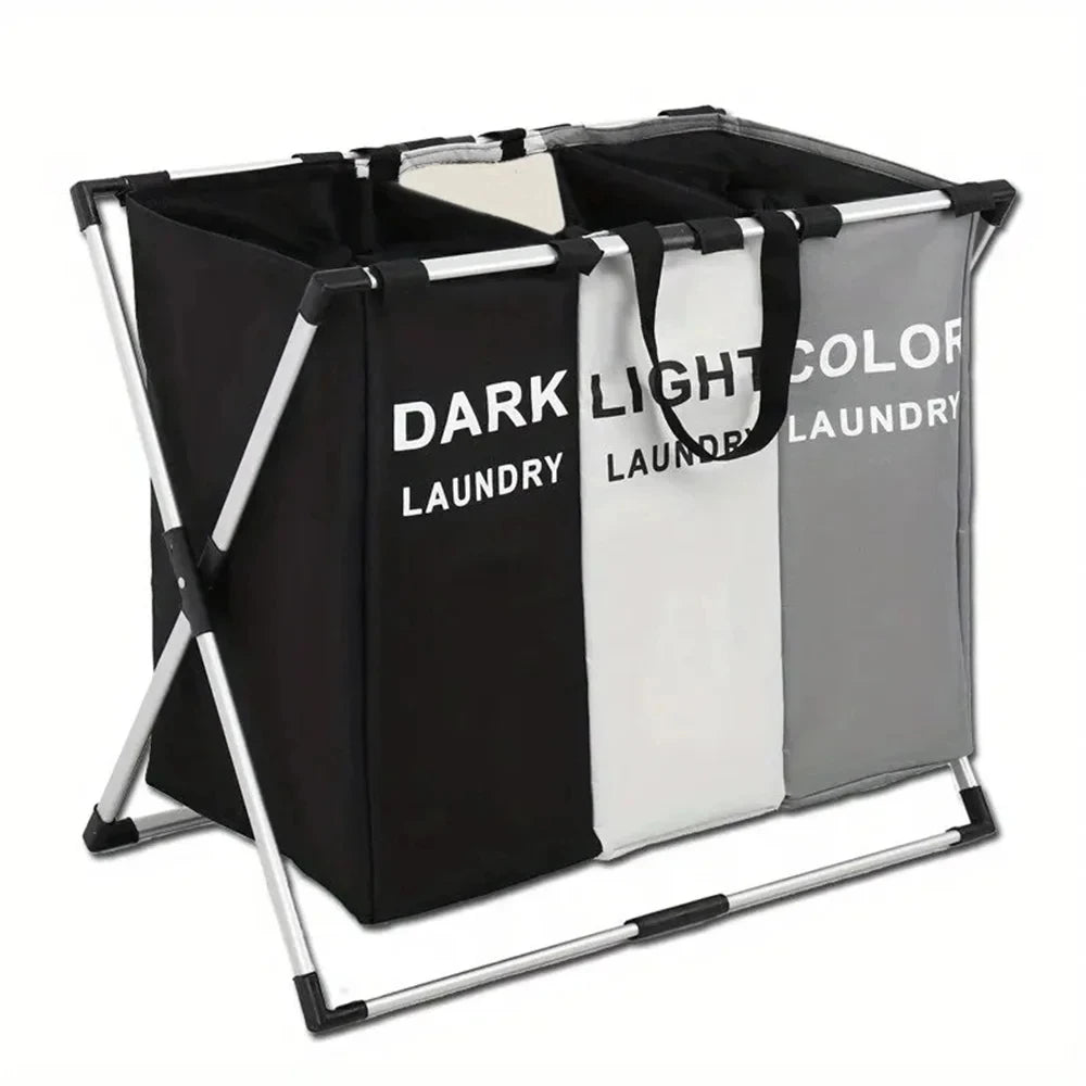 A foldable waterproof laundry basket with handles and sorting compartments in black, white, and gray.