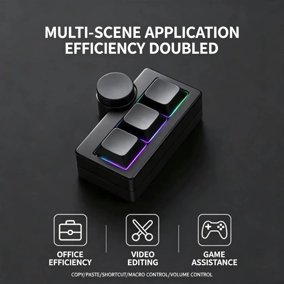 Black mini mechanical keyboard with RGB backlight and a multimedia knob shown on a dark surface.