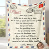 A cream colored flannel throw blanket featuring a quote for a son or daughter with red and blue accents.