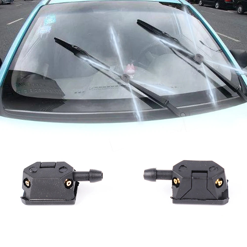 A pair of black 4-way adjustable car windshield washer nozzles for a vehicle.