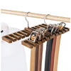 A wooden belt and tie organizer rack with hanging hooks and multiple slots for storing belts and ties.