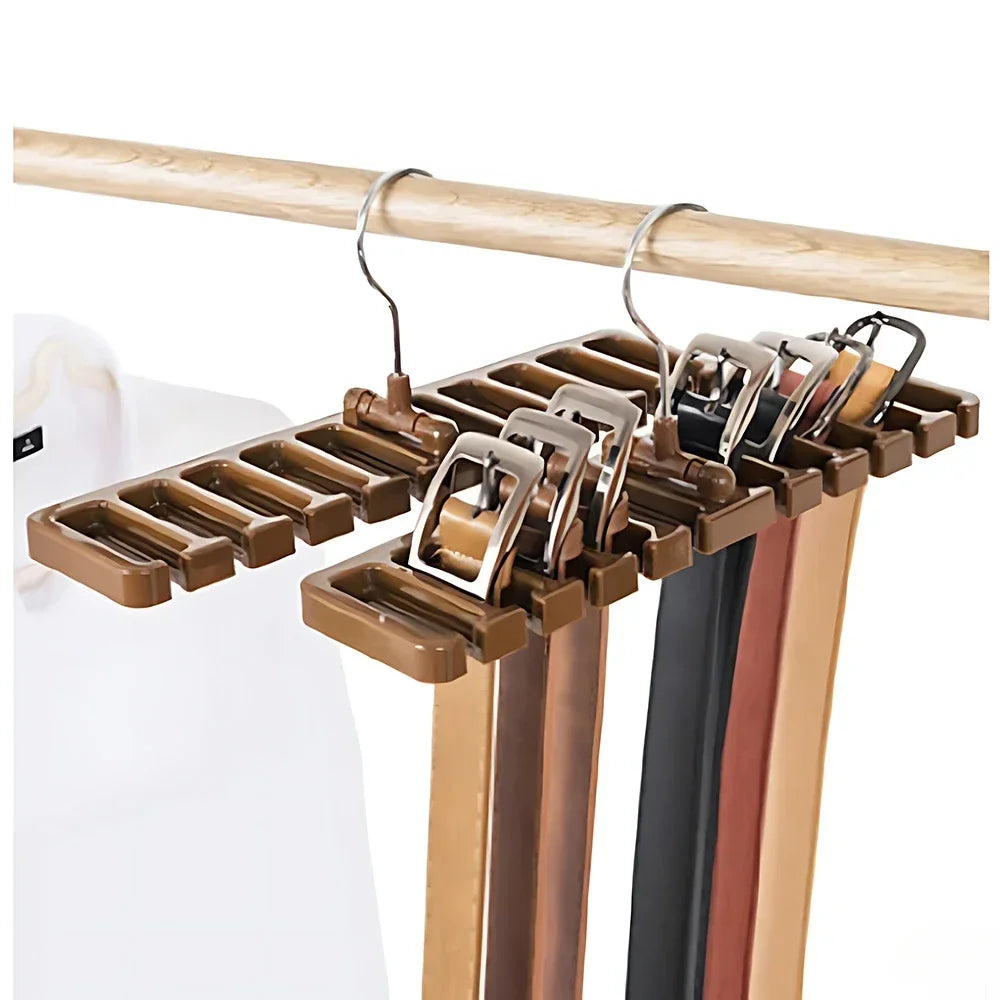 A wooden belt and tie organizer rack with hanging hooks and multiple slots for storing belts and ties.