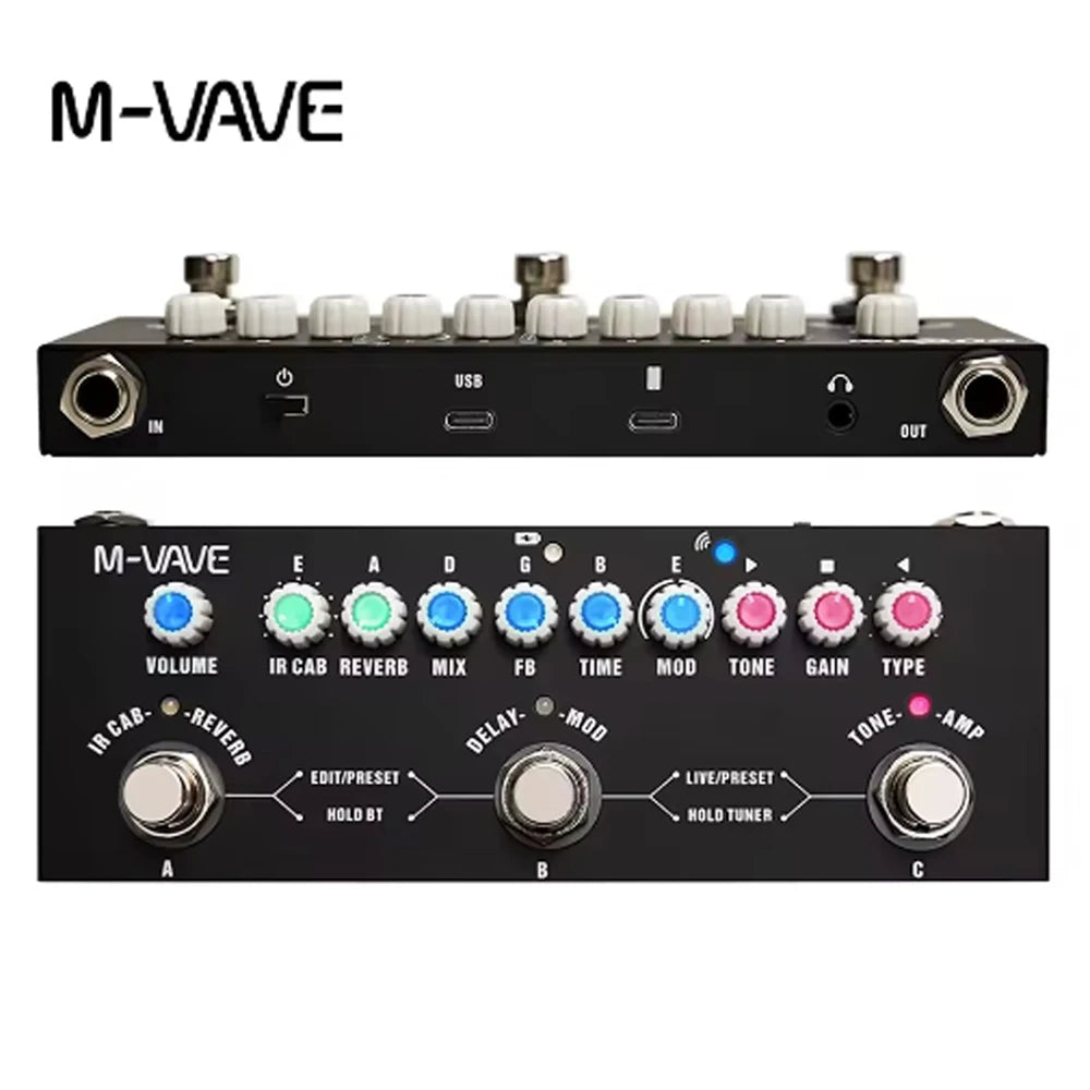 Black M-VAVE multi-effects guitar pedal with various knobs and input/output jacks