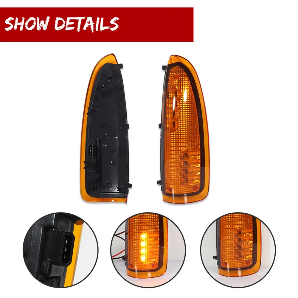 Close-up view of amber LED side mirror turn signal lights for Ford Super Duty and Excursion vehicles.