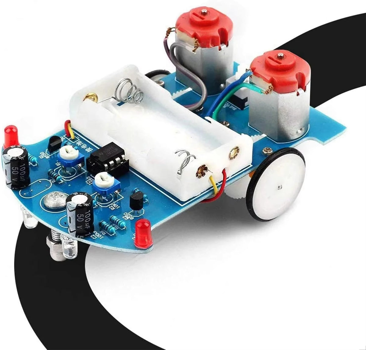 A blue electronic circuit board for a line-following robot DIY soldering kit with motors and sensors
