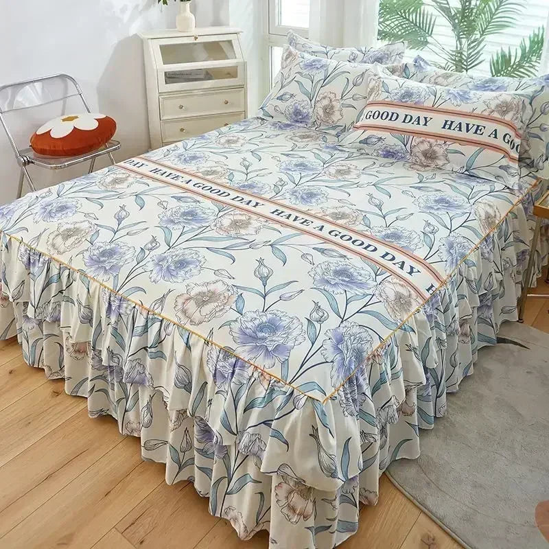 Floral Bed Skirt Set with Anti-Slip Mattress Cover